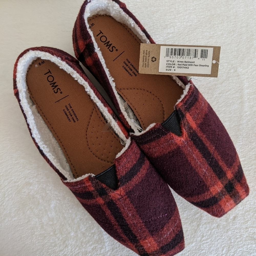 TOMS Slip On Flats Belmont Wool Blend Red Plaid Upper Faux Shearling Lined 9 NWT - Picture 13 of 13
